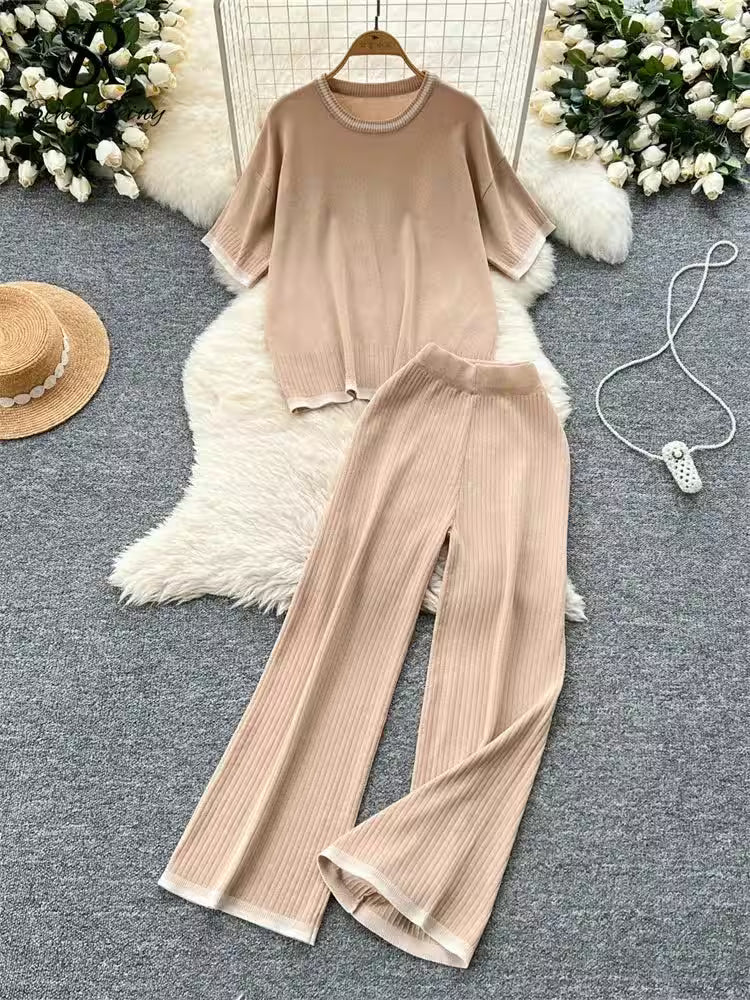 Short Sleeves Loose Top+High Waist Wide Legs Pants - Additional View 3