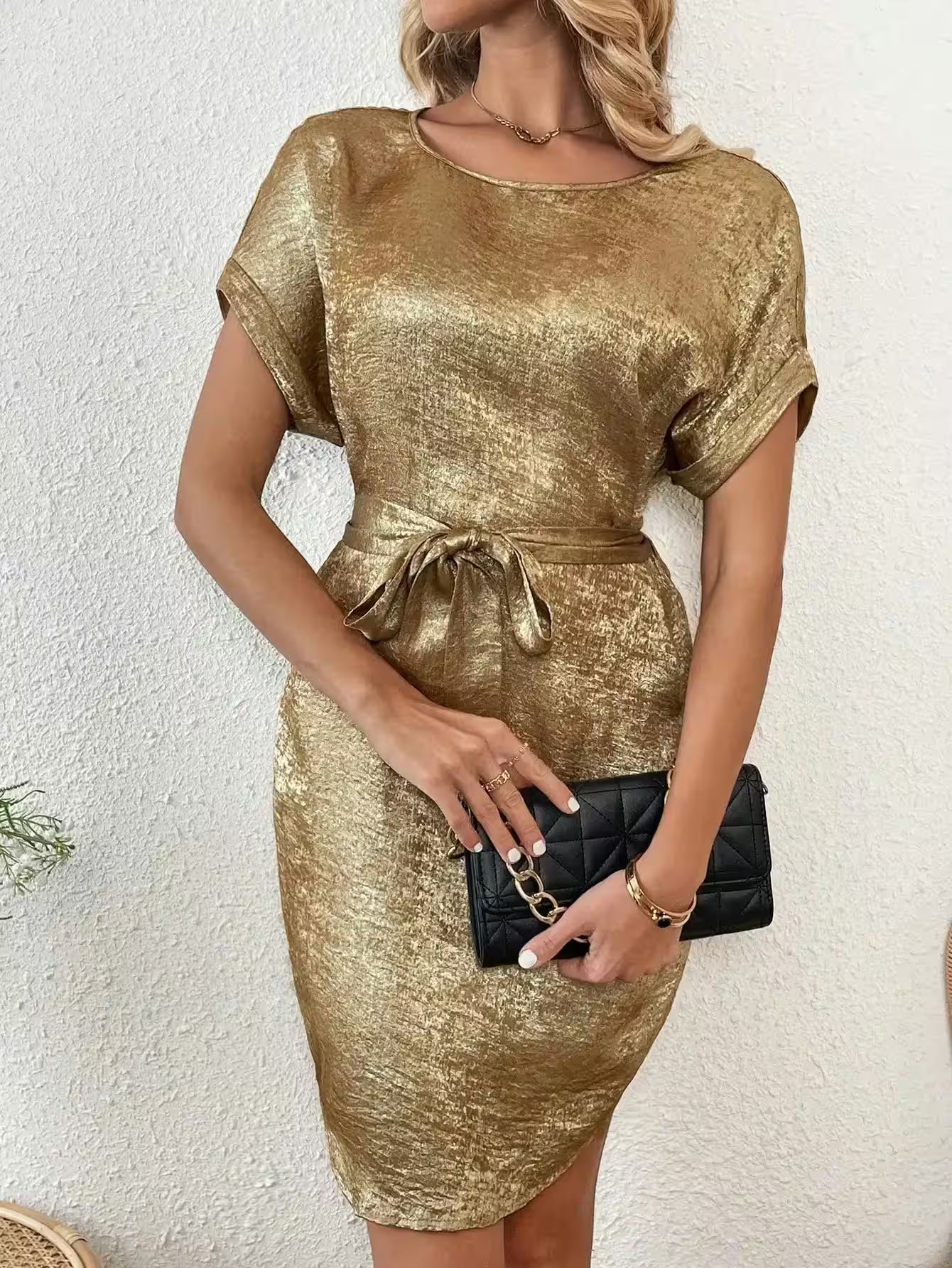 Dress Elegant small, round neck, short sleeve, belt casual - Additional View 4
