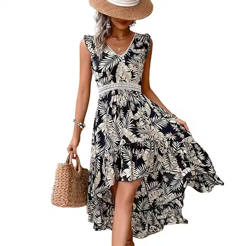 Lace Splicing Skirt V-neck Print Irregular Style - Additional View 5