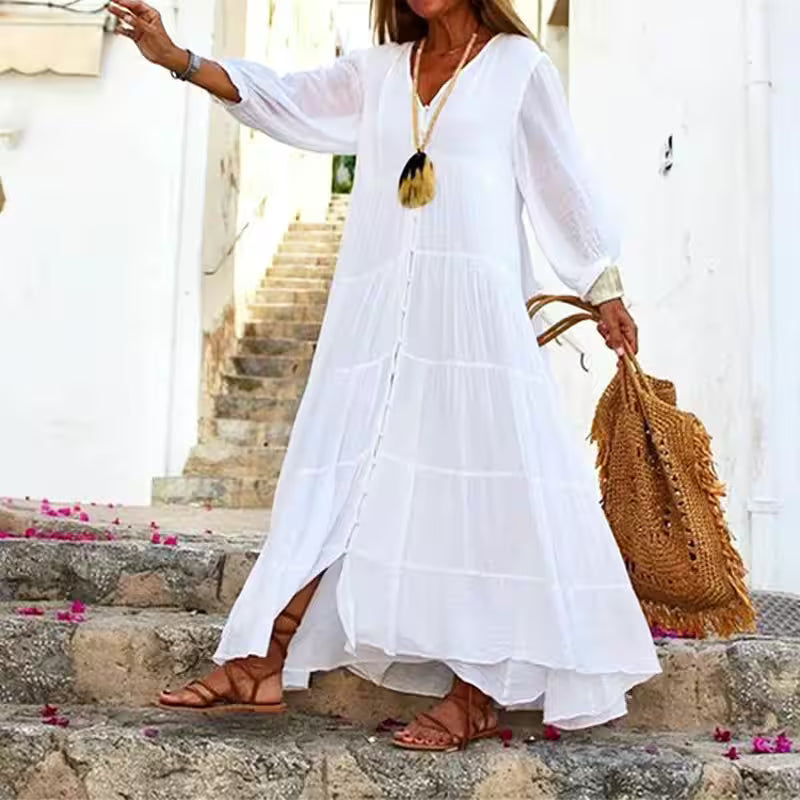 V-Neck Loose Long Sleeve Cotton And Linen Dress - Additional View 6