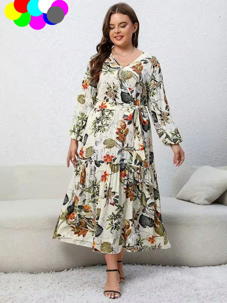 Plus Size Floral Print Belted Dress Spring - Women's Fashion - View 3