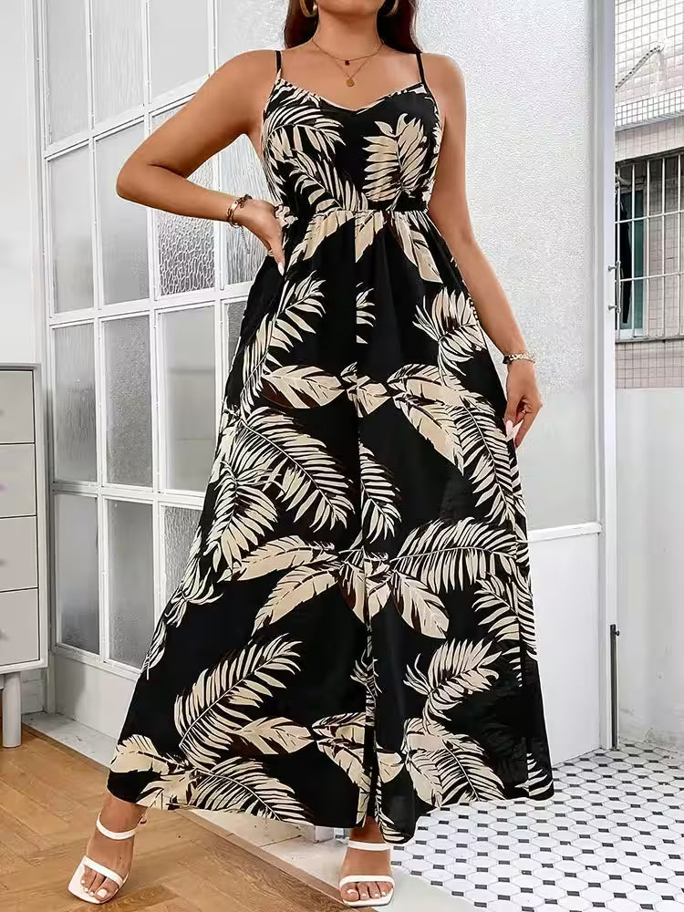 Plus Size Tropical Print Cami Jumpsuits - Additional View 7