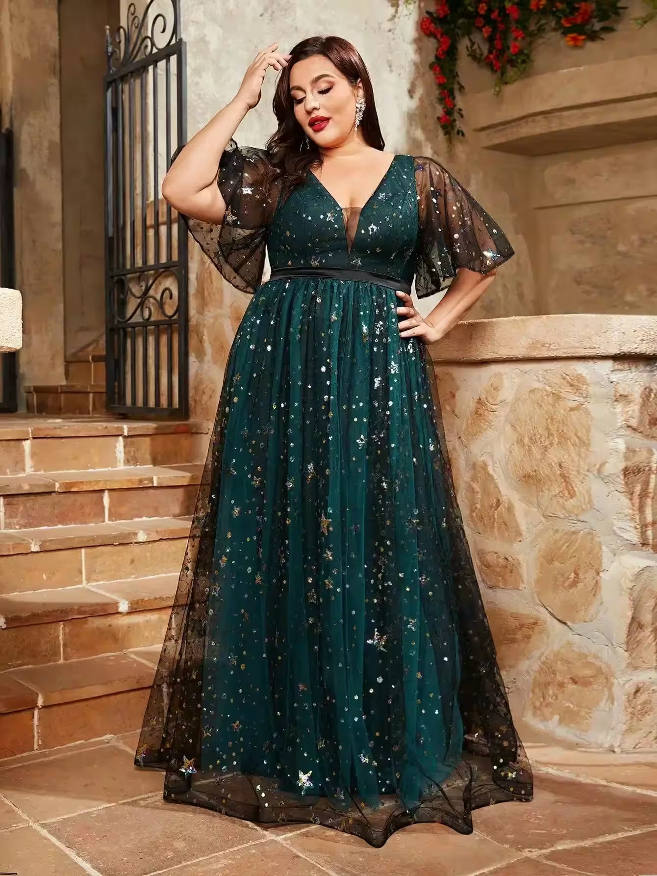 Dresses - Plus size V-neck sequin embroidered Party dress for Women
