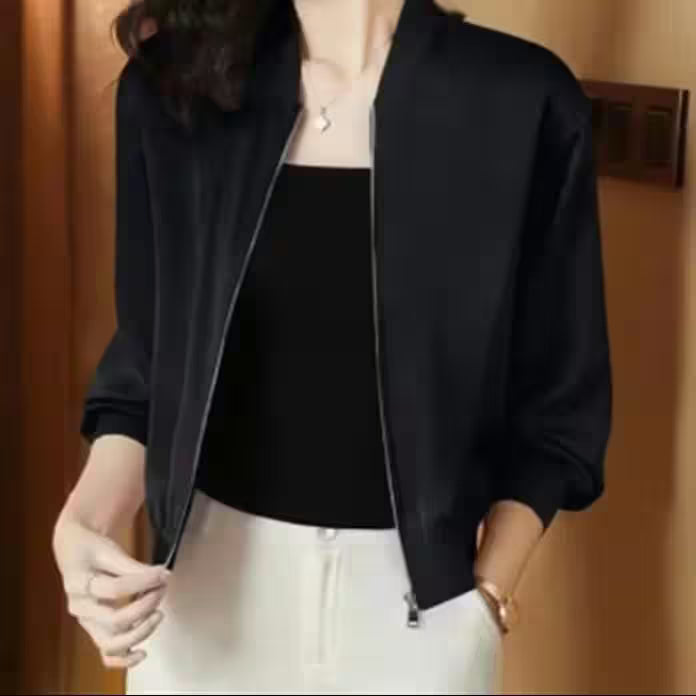 Coat Short - silk-short-jacket-woman-coat-loose-satin-outwear-solid-color-cloth-zip-baseball-jacket-spring-autumn-clothes-thin-female-jacket