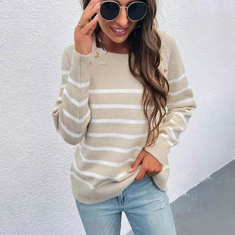 Striped Pullover Shoulder Button Sweater - Women's Fashion - View 6