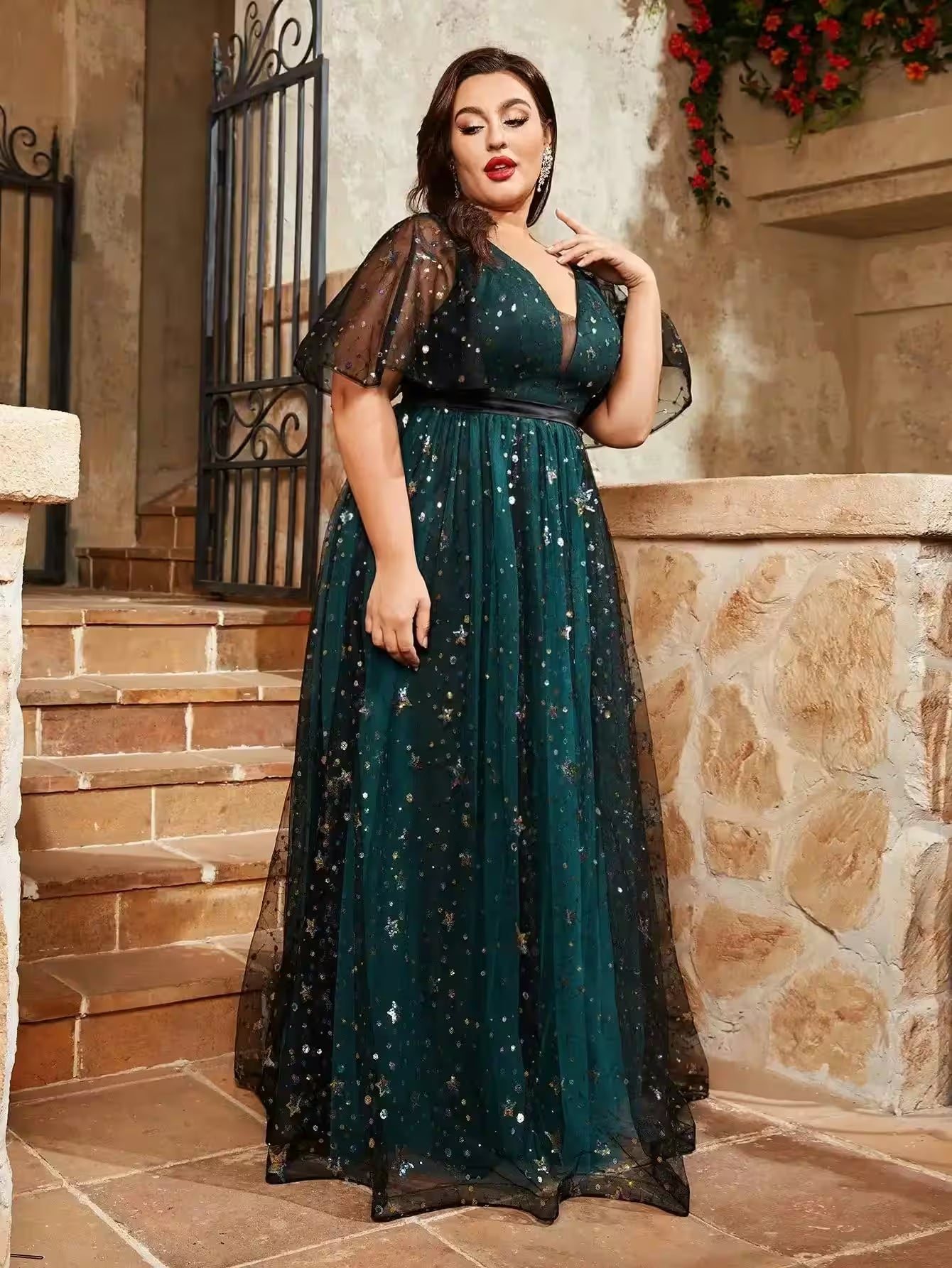 Plus size V-neck sequin embroidered Party dress - Women's Fashion - View 4