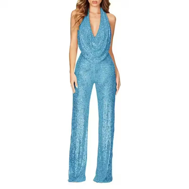 Sexy Folds Deep V-neck Sequin Jumpsuits Slim - Additional View 7