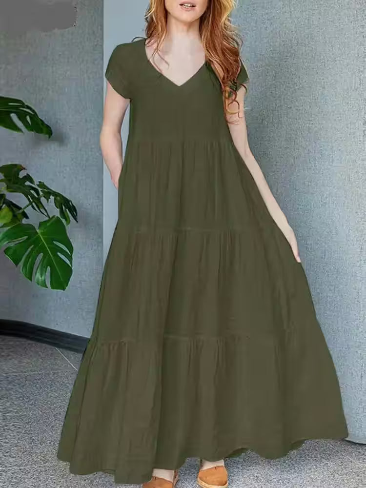 Dress Bohemian Holiday Sundress V Neck Short Sleeve - Additional View 3