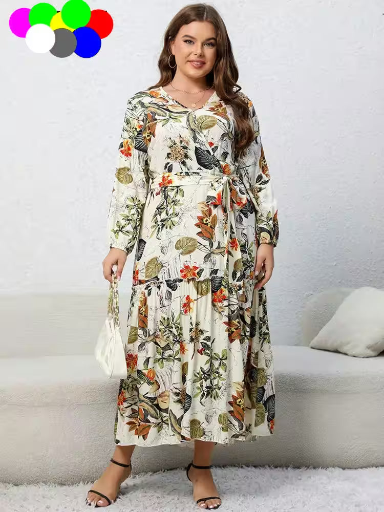 Plus Size Floral Print Belted Dress Spring - Women's Fashion - View 5
