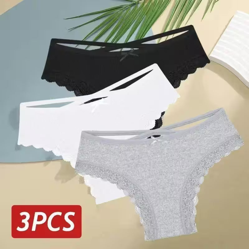 3PCS/Set Cotton Panties Sexy Low Rise Lace Brazilian - Additional View 4