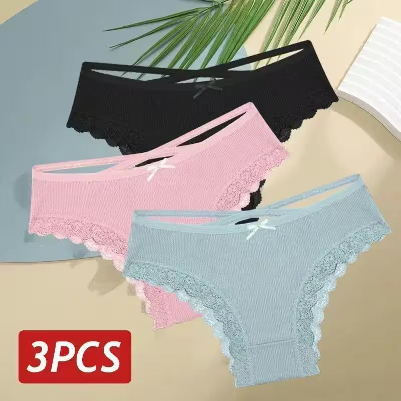 3PCS/Set Cotton Panties Sexy Low Rise Lace Brazilian - Additional View 3