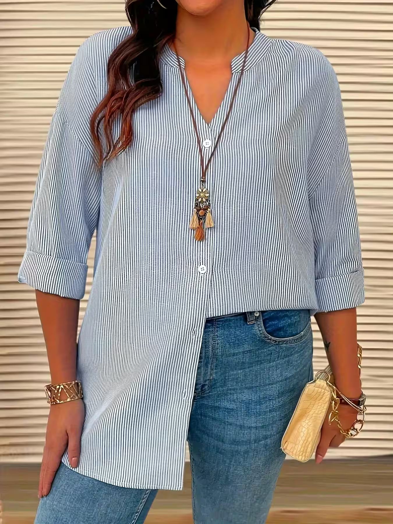 Plus Size Casual Shirt Office Lady Stripe Curve Clothing - Additional View 3