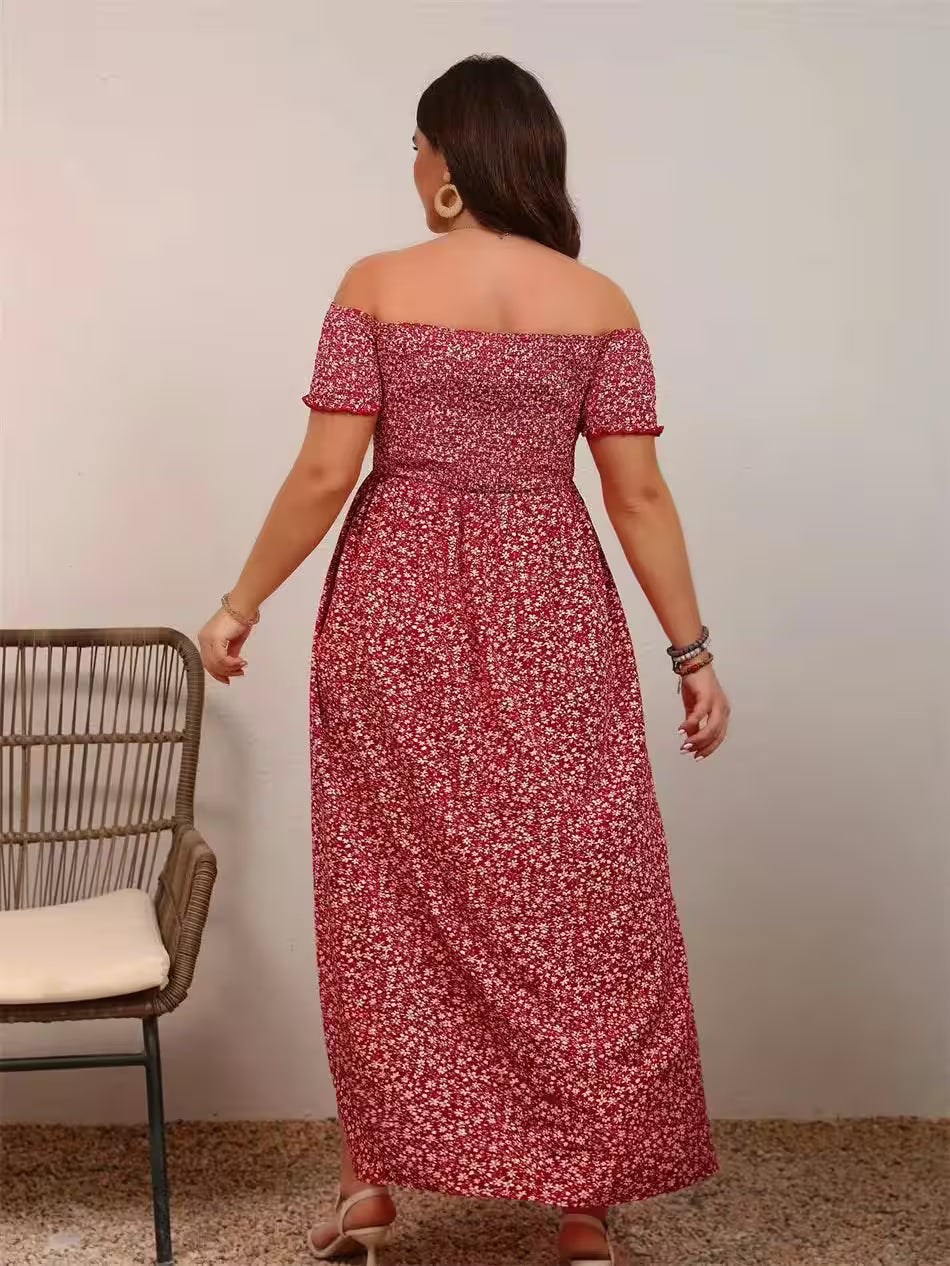 Plus Size Ditsy Floral Print Off Shoulder Dress - Additional View 3