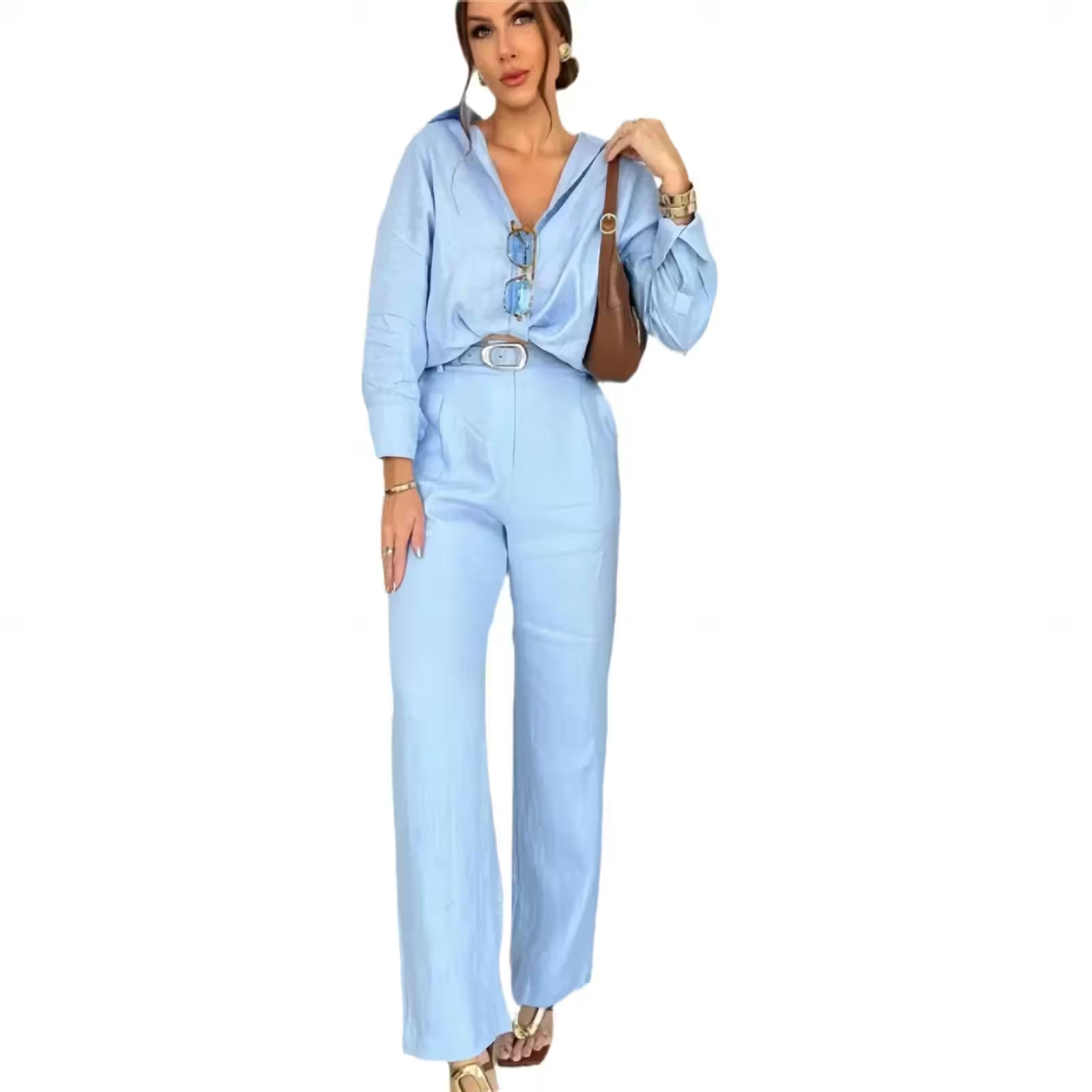 Shirt Top + Pocket High Waist Trousers Spring Autumn Set - Additional View 2