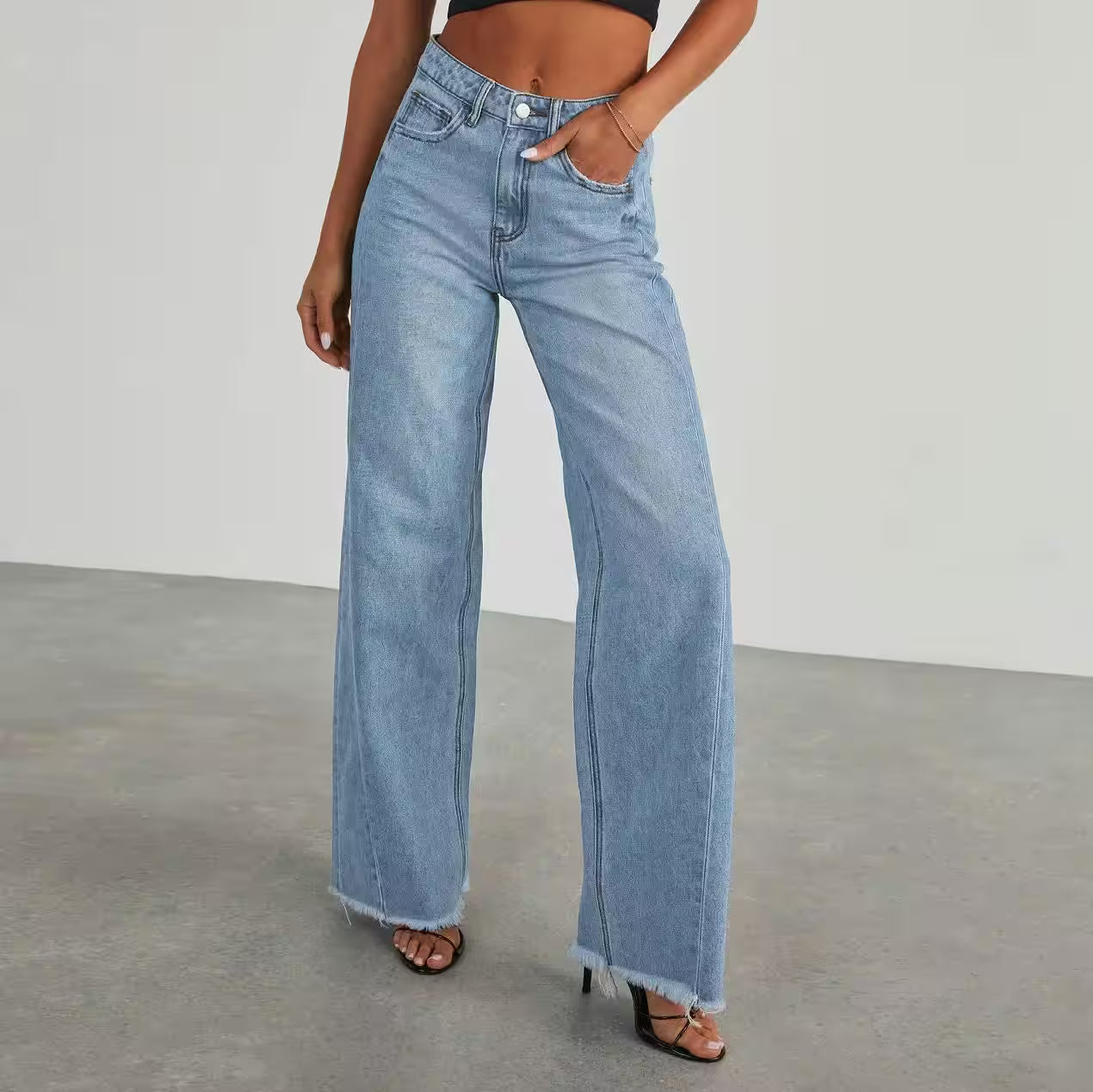 Wide Leg Side Seam Stitching Frayed Hem Jeans - Additional View 9