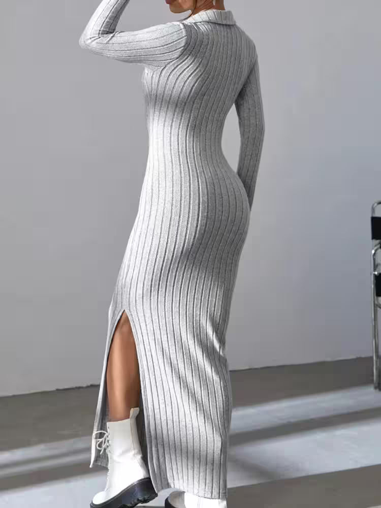 Sexy knit V-neck reverse neck split dress autumn winter - Additional View 4