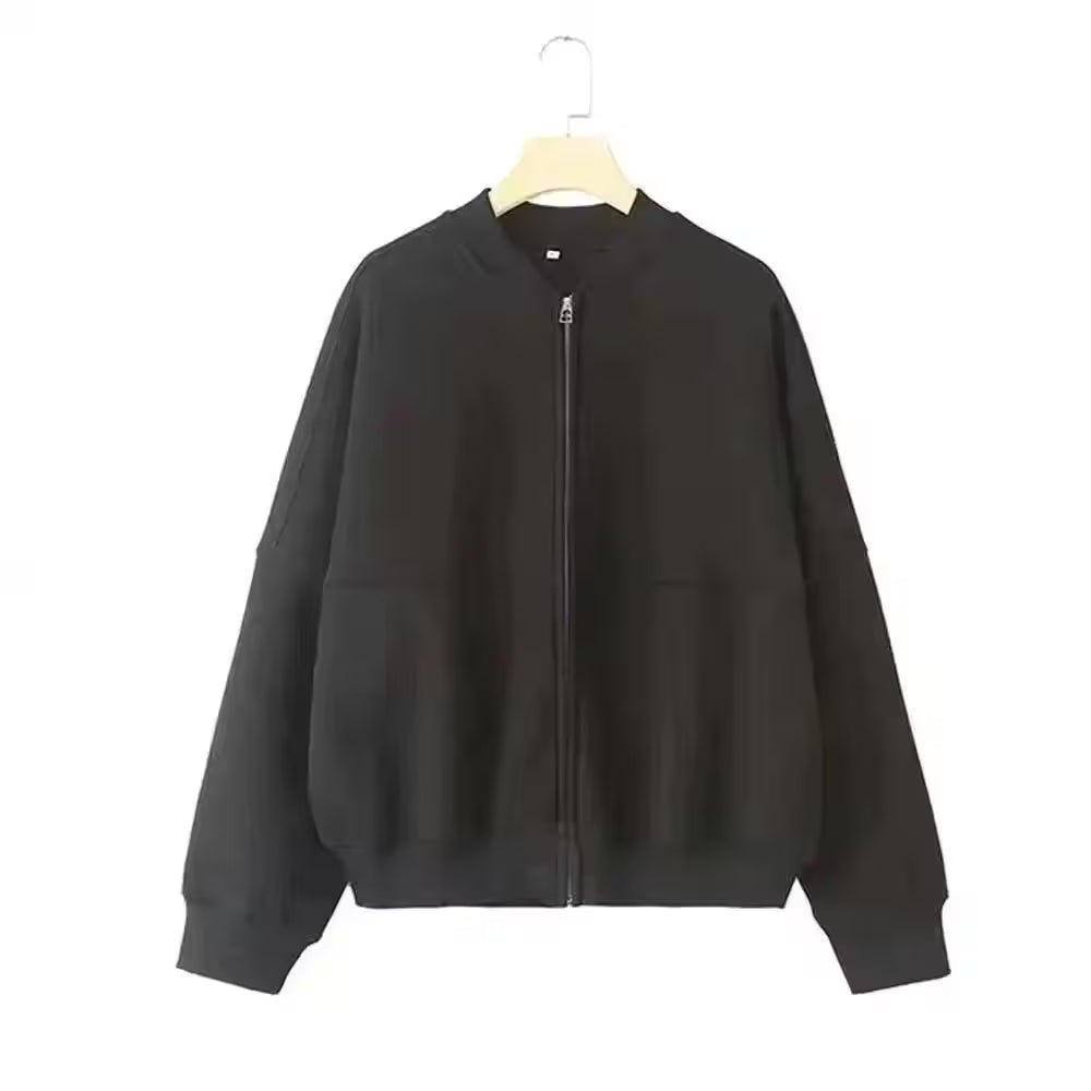 2-piece Retro Solid Color Zipper Bomber Jacket - Additional View 9