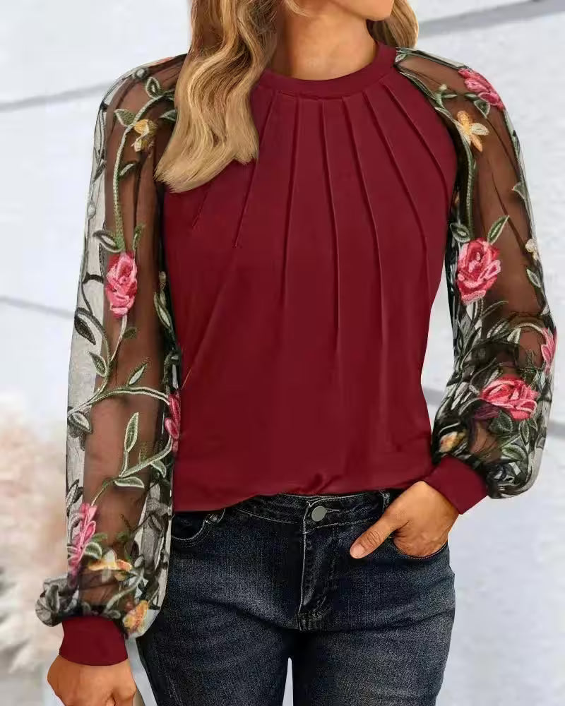 Blouse Glitter Puff Sleeve Sheer Mesh Print - Additional View 8