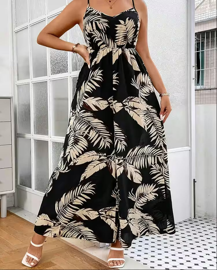 Plus Size Tropical Print Cami Jumpsuits - Additional View 2