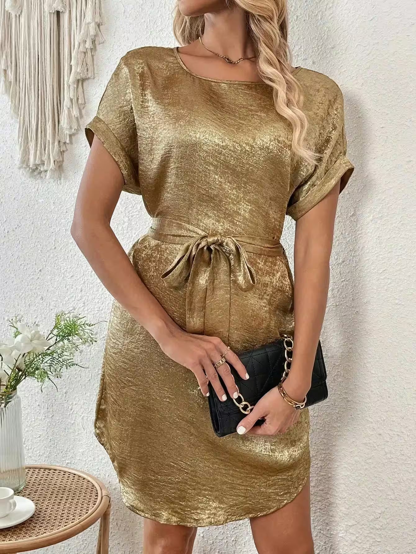 Dress Elegant small, round neck, short sleeve, belt casual - Additional View 2
