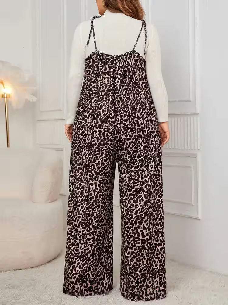 Plus Size Leopard Print Tie Shoulder Jumpsuits - Additional View 2