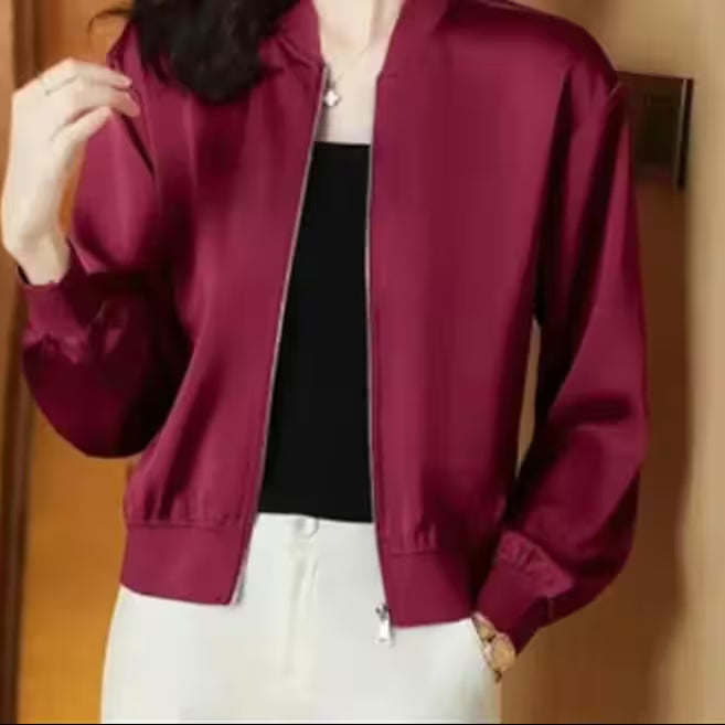 Coat Short - silk-short-jacket-woman-coat-loose-satin-outwear-solid-color-cloth-zip-baseball-jacket-spring-autumn-clothes-thin-female-jacket