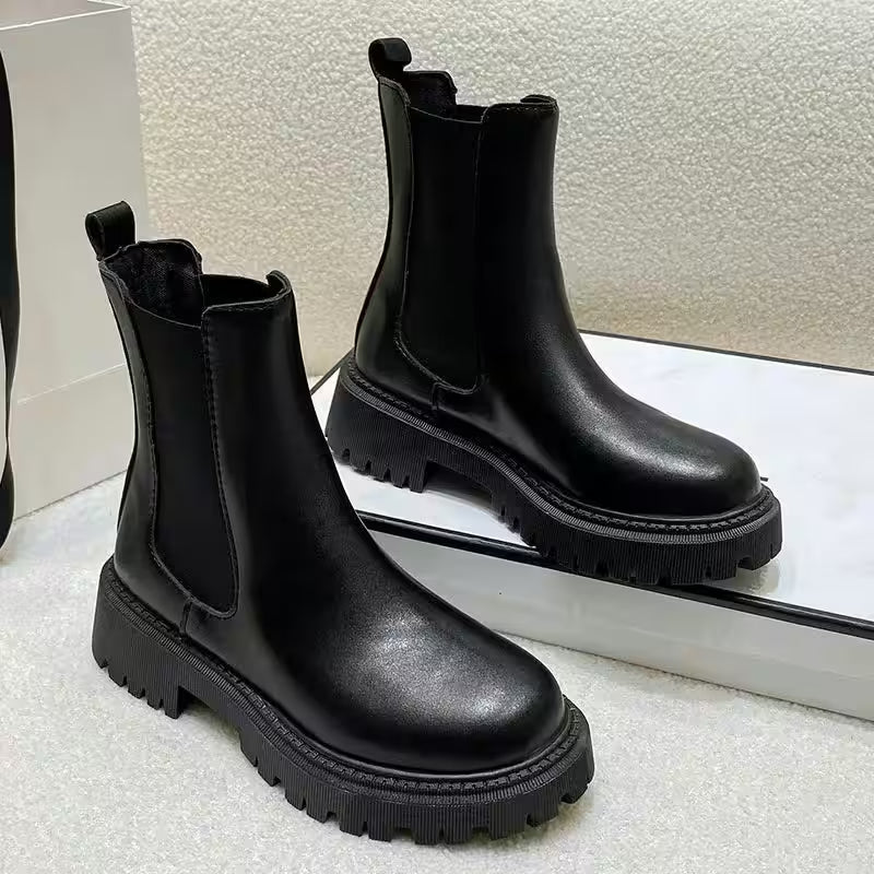Bottoms - Leather Platform Short Boots Slip Elastic