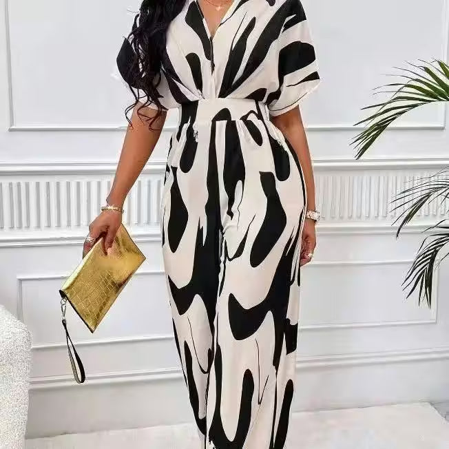 Casual Wide Leg Print V-neck Short Sleeve Jumpsuits - Women's Fashion - View 3