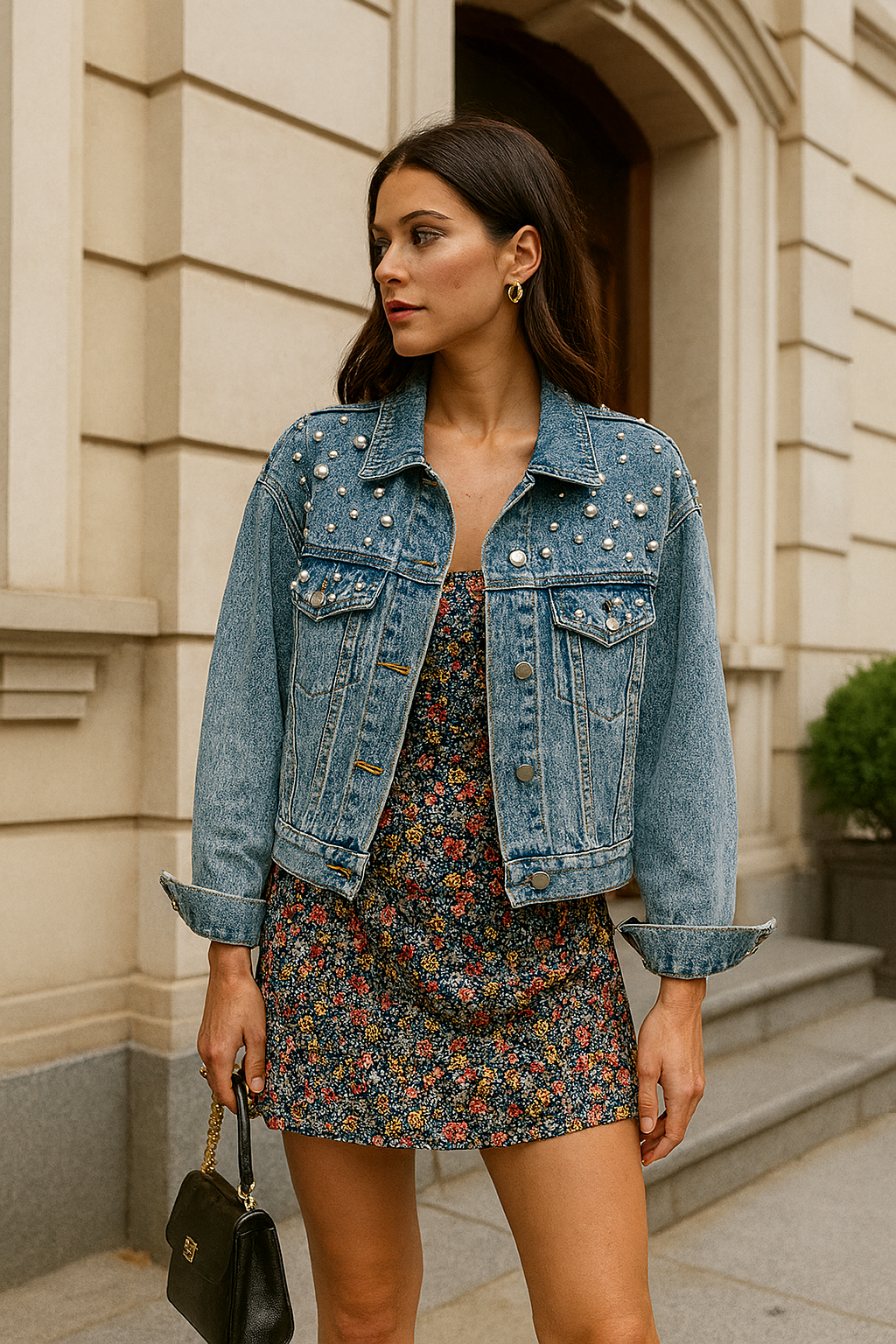 Pearl Beaded Short Denim Jacket for Women – Loose Fit Jean Coat