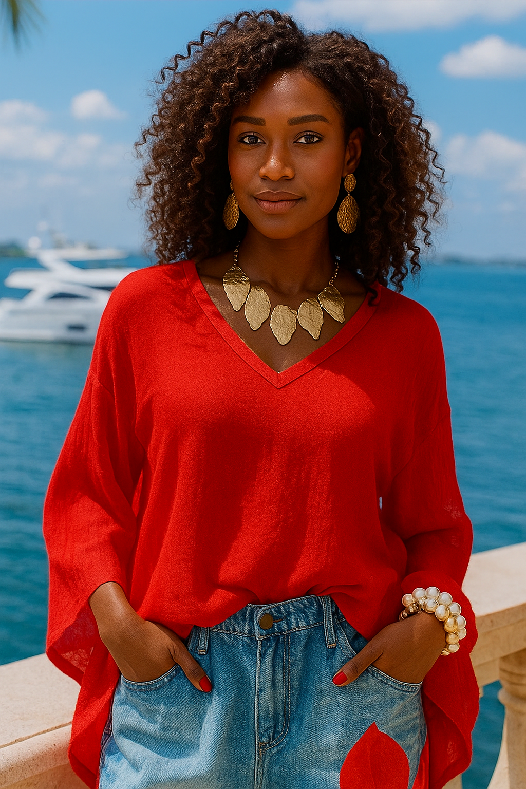 Red Blouse Shirt V-Neck Long Sleeve