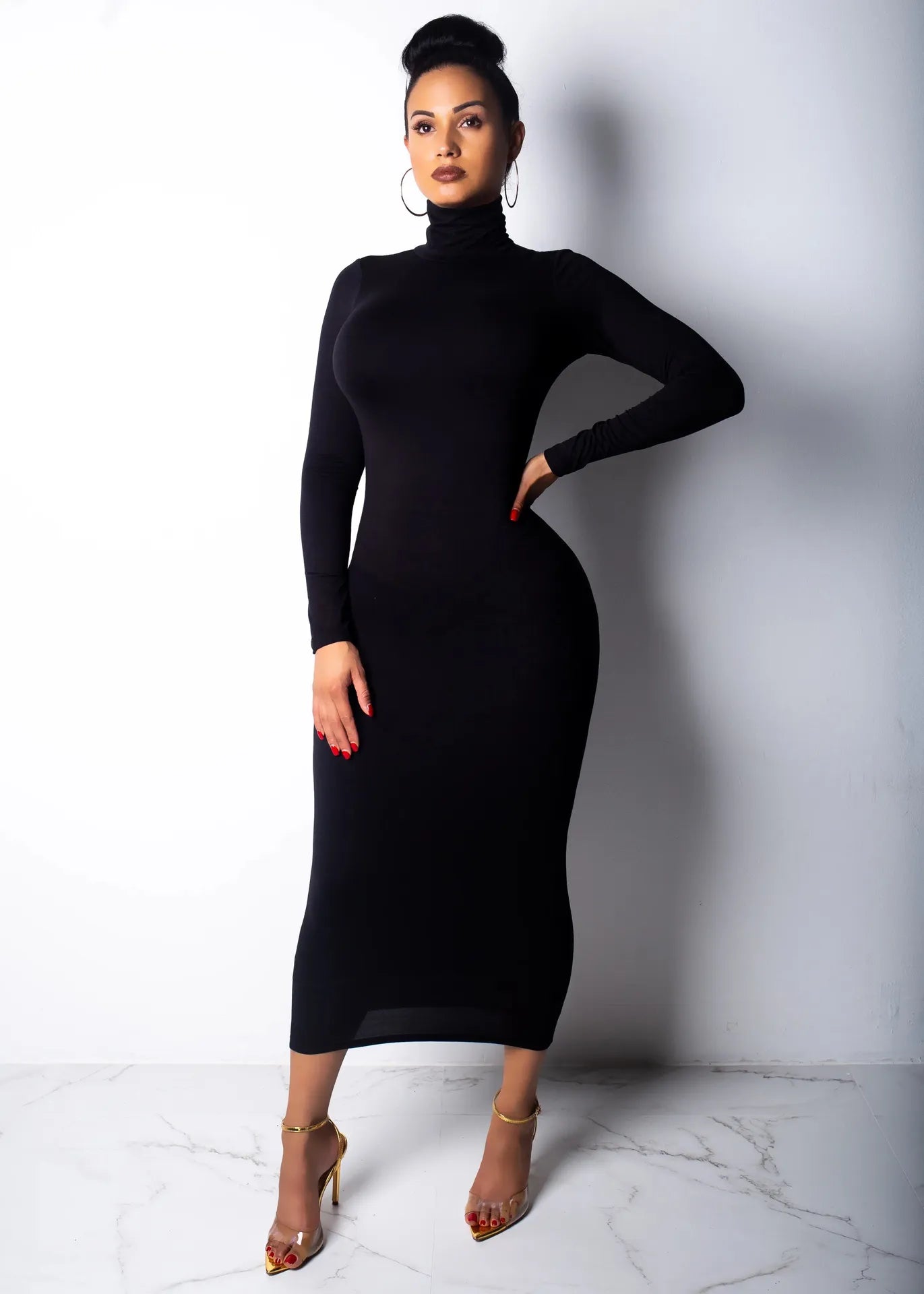 Stretch Turtleneck Mid-Calf Dress - Women's Fashion - View 8