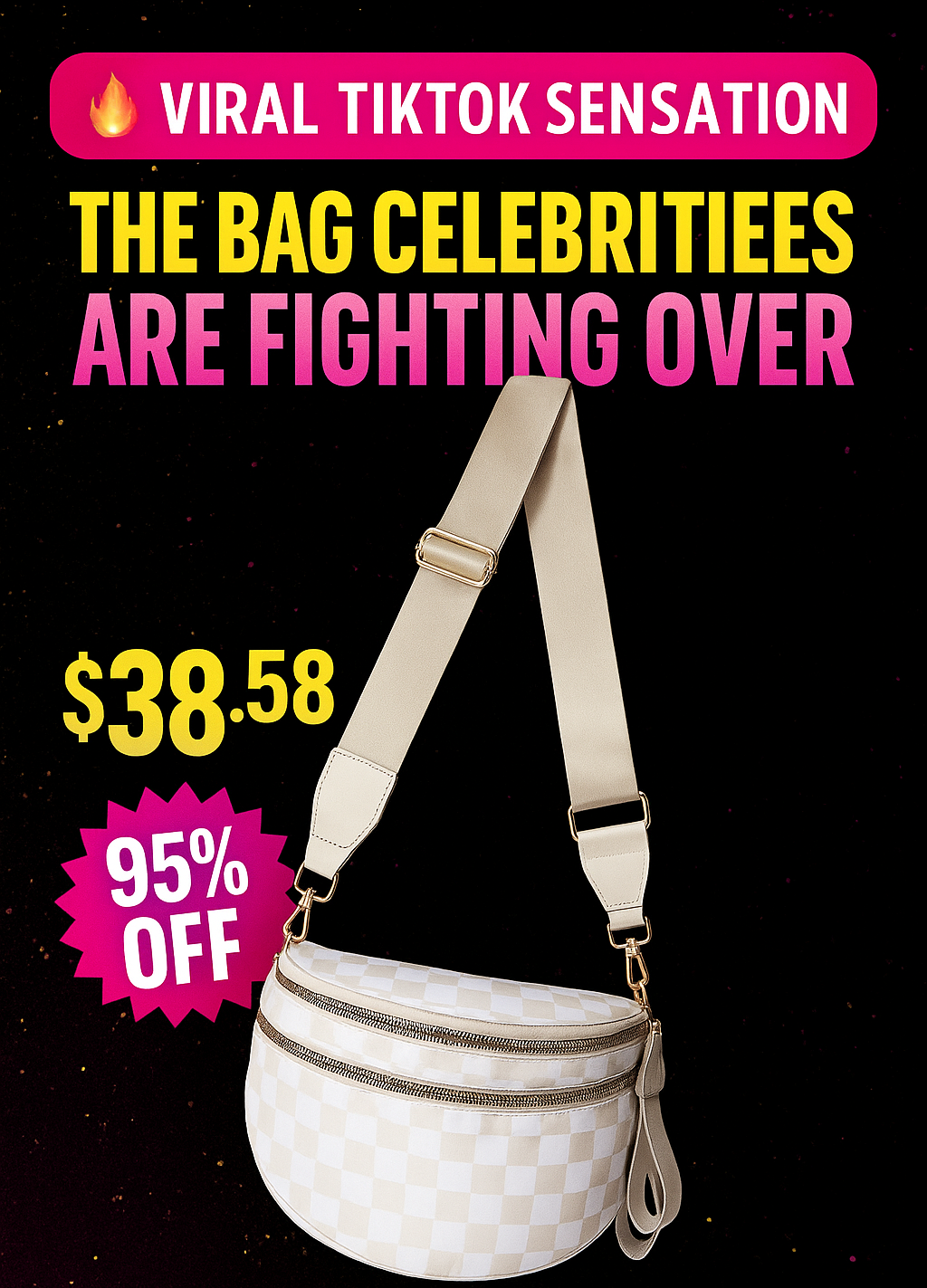 Checkered Bum Bag Crossbody - Lightweight Nylon Travel Bag for Women